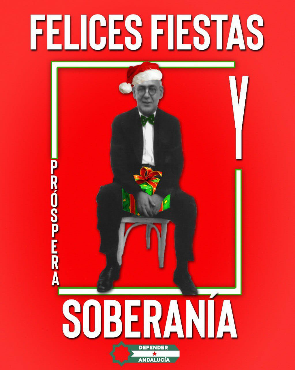 Blas Infante vestido de Papá Noel en un cartel de felicitación de fiestas de Defender Andalucía
